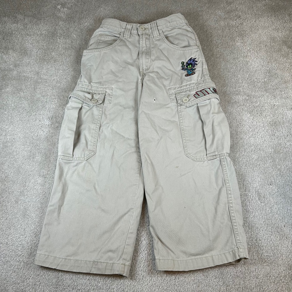 Vintage JNCO Cargo Pants Kids Size 8 Tan Flamehead Wide Leg Skater Mad Scientist